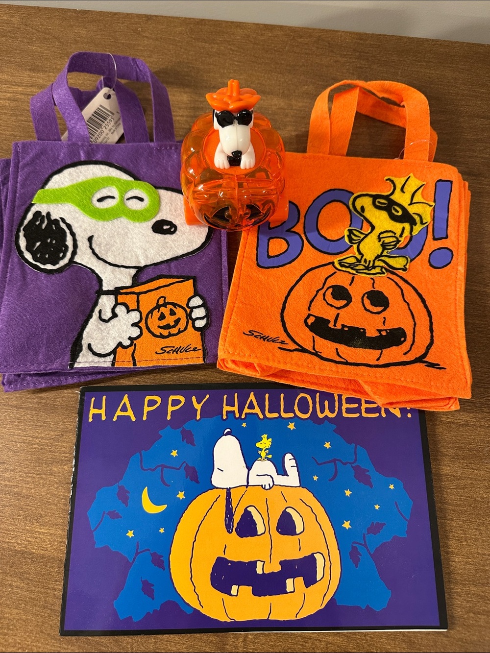 Peanuts Halloween Treat Set - Purple & Orange Felt Bags with Orange Snoopy Toy
